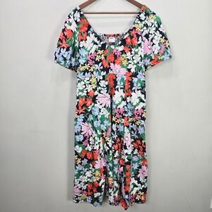 Old Navy Midi Dress 2XL Multicolor Floral Puff Sleeve V Neck Smocked Cottagecore